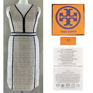 TORY BURCH women's 12 Sleeveless Woven Textured Crepe Deep V Sheath Dress EUC